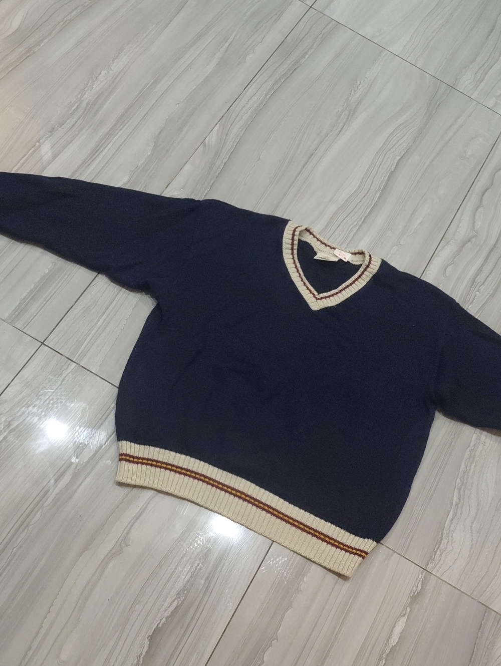 Element Navy V-Neck Sweater with Cream & Brown Stripe Trim